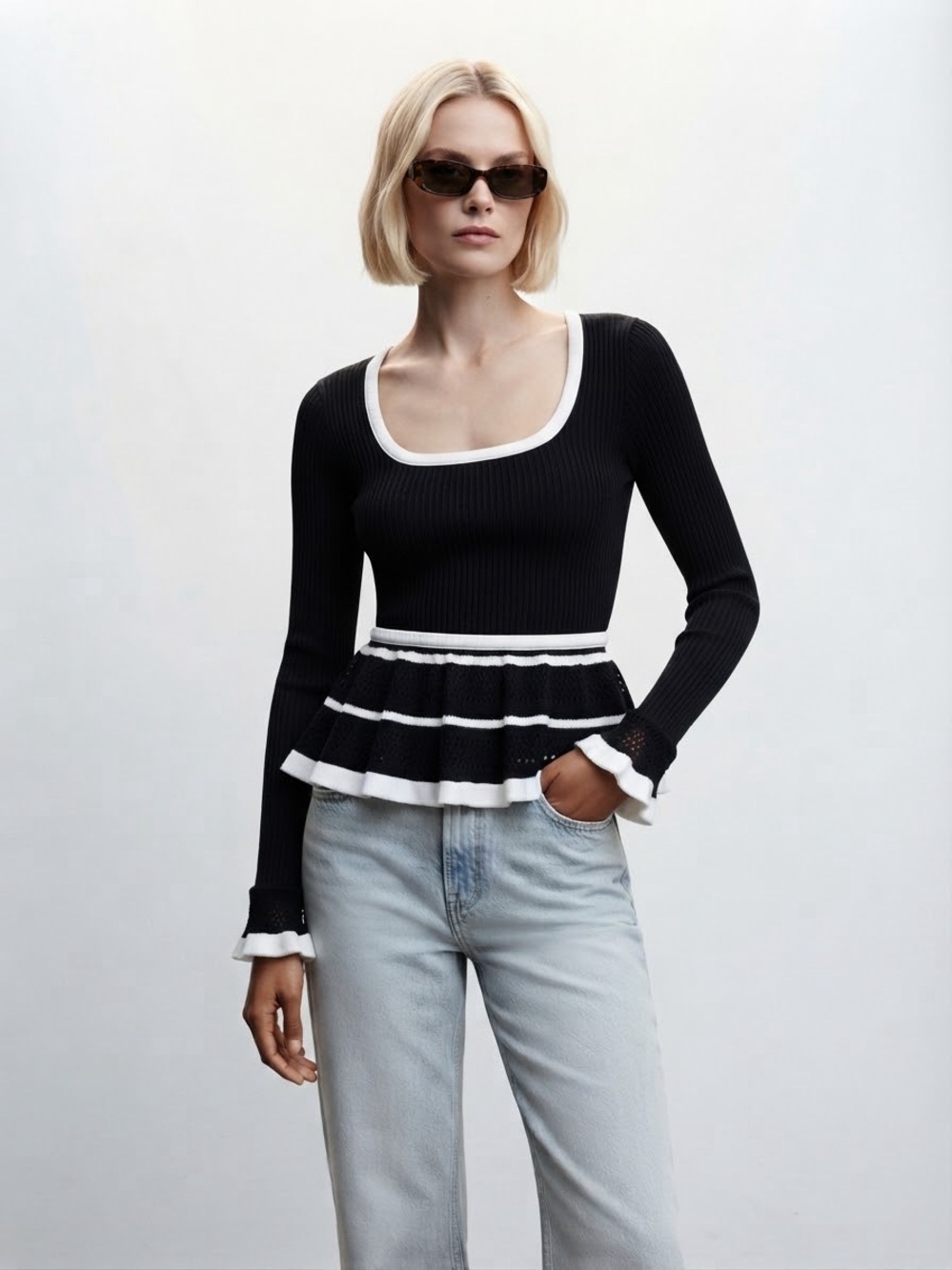 Zara Black Ribbed Peplum Long-Sleeve Top with White Trim Nee With Tag Size Small